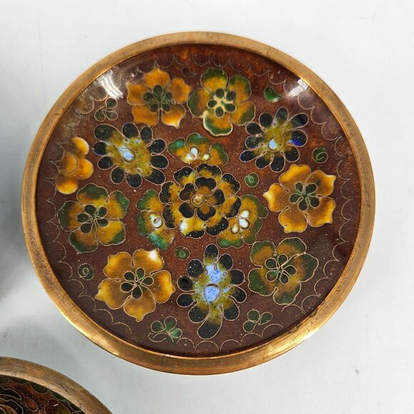 Enamel Cloisonne Dish Plate Trinket 4" Circle China Brown Floral Handpaint Lot 4 - Picture 4 of 7